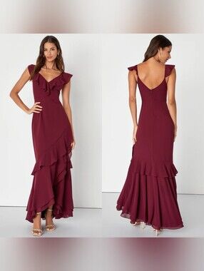 Lulus Charming Event Burgundy Asymmetrical Ruffled Maxi Dress L Wedding Party